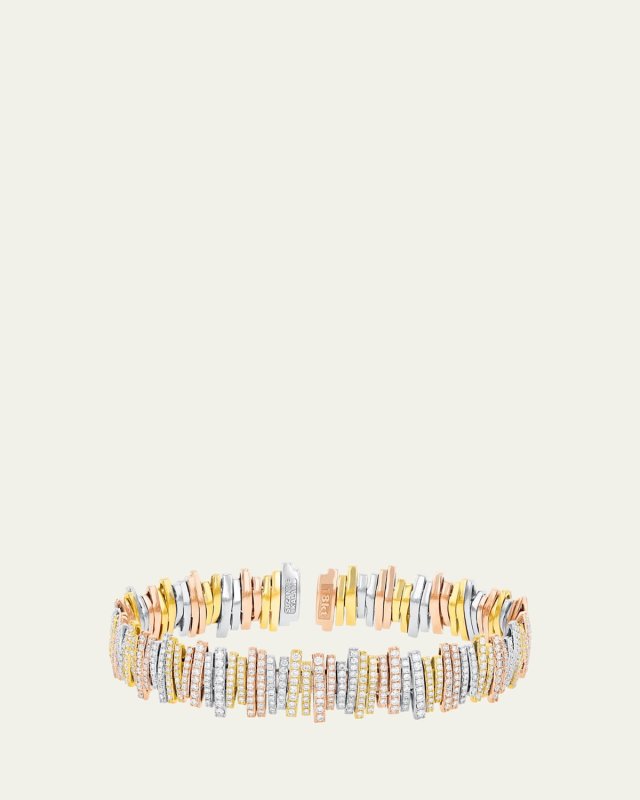 Eternity Lines Bangle with Round Pave White Diamonds in Tricolor 18K Gol